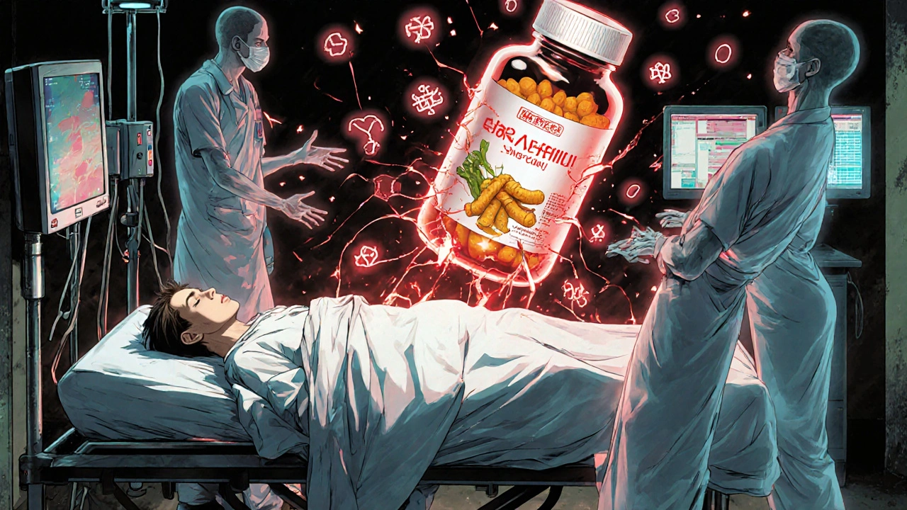 An emergency room scene with a patient on a gurney, medical alerts flashing, and ghostly turmeric molecules looming overhead.