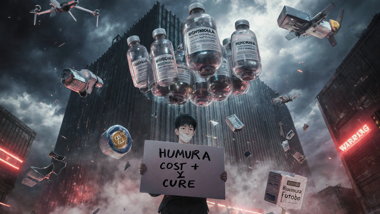 Biosimilar vials being shipped via drones in a massive warehouse, protest sign visible below amid shattered brand packaging.