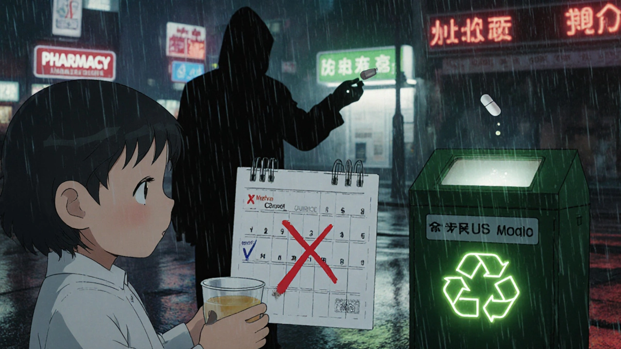 Child holding compounded liquid medicine, calendar marked with expiration date, pharmacy take-back box glowing in background.