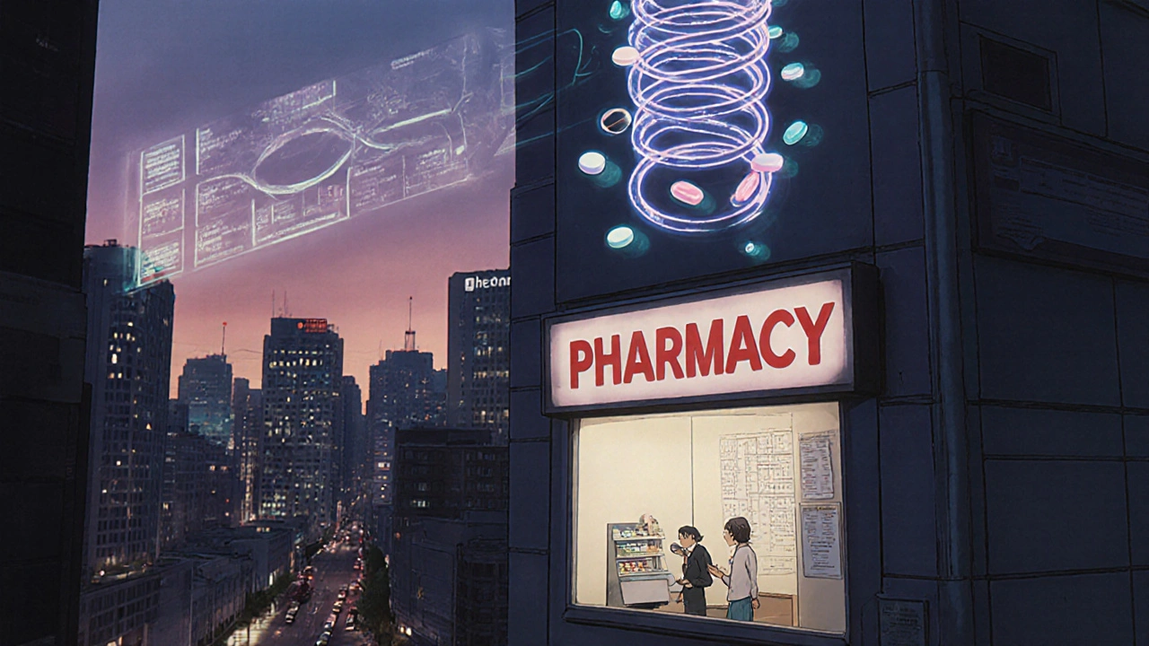 Cityscape with holographic medication timelines converging on a glowing pharmacy.