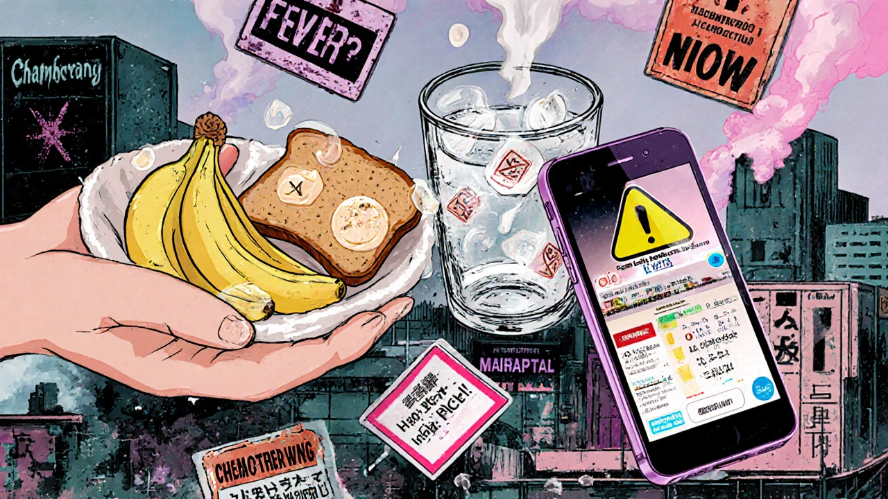 Collage of BRAT diet, hydration, and medical warnings in glitchy urban setting, Otomo-style