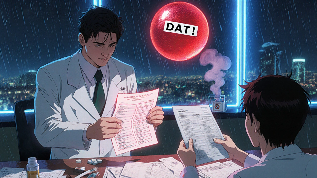 Doctor slamming lab results as patient holds list of dangerous drugs, a flickering red blood cell with antibody tag above them.