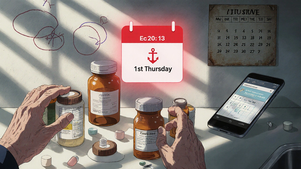 Hands placing pills on counter with glowing anchor date and phone notification.