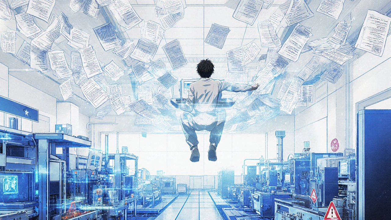 Holographic FDA inspector reviewing floating digital documents above a transparent factory floor.