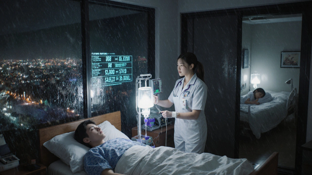 Home infusion setup with nurse monitoring holographic cost data, city lights reflecting on windows as a child sleeps nearby.