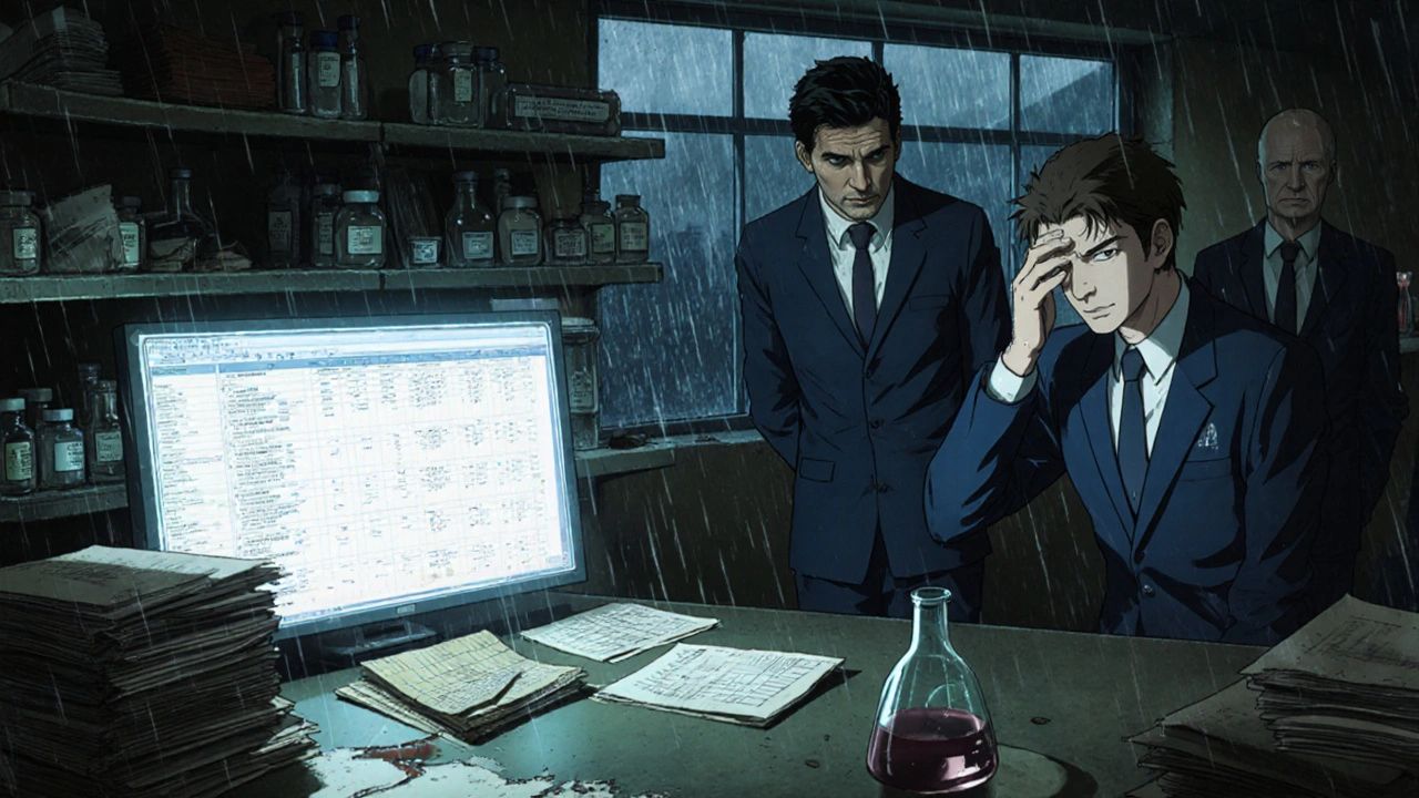 Inside a lab, inspectors review digital records while a technician panics, paper documents buried under dust and a leaking beaker on the floor.