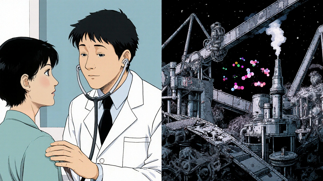 Microscopic view of clarithromycin molecules shutting down bacterial protein factories in H. pylori.