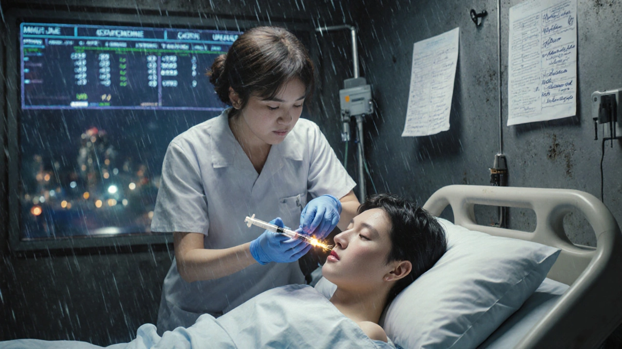 Nurse giving octreotide injection with holographic health data, Otomo-style