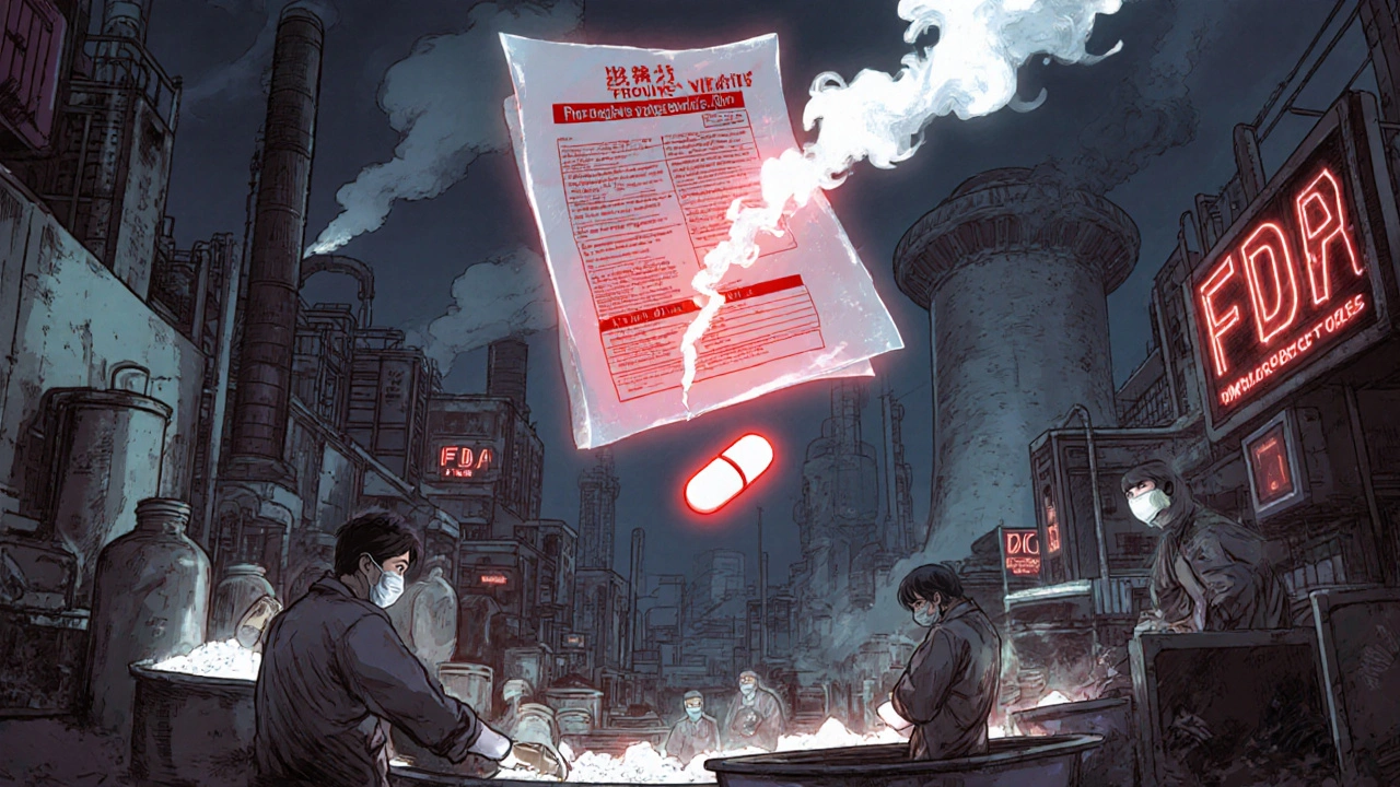 Overseas drug factory with glowing FDA violation alerts and falling pills