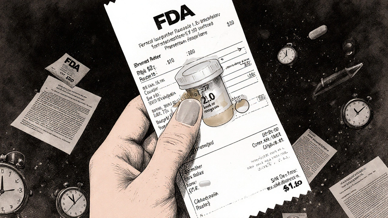 Patient&#039;s hand holding receipt showing price drop, ghost image of brand pill dissolving into generic.