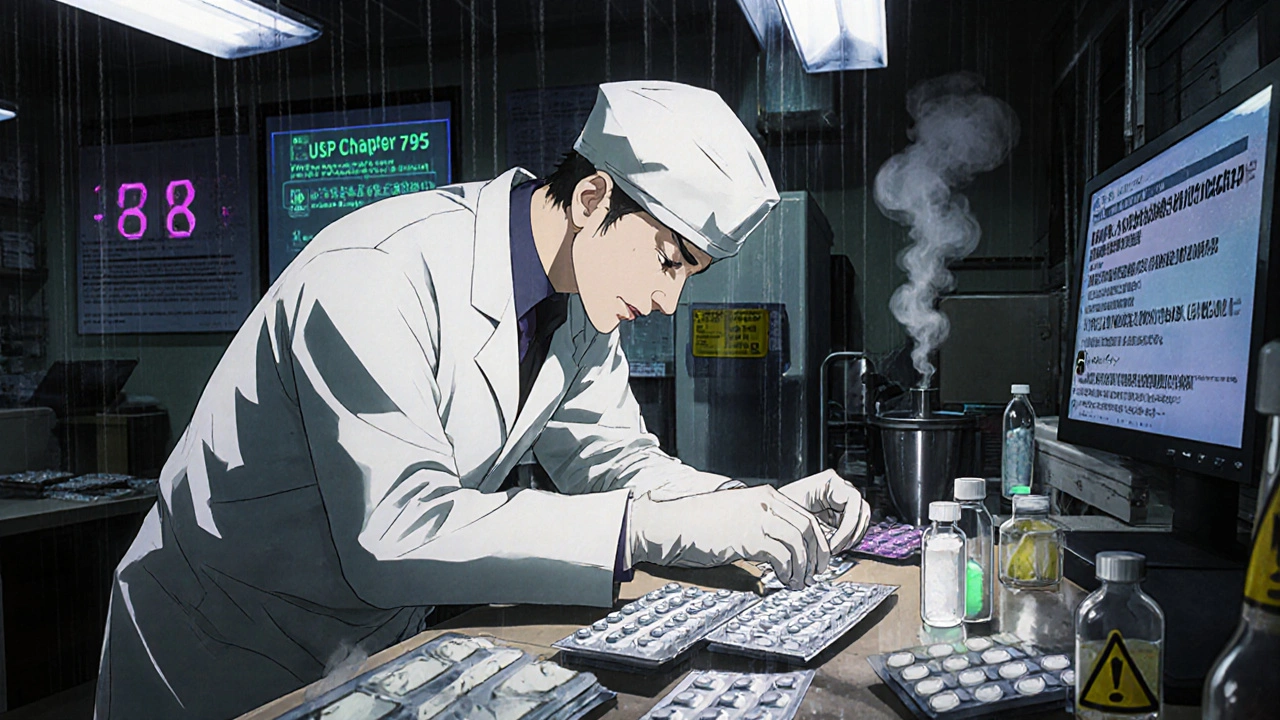 Pharmacist repackaging medication in a lab, USP guidelines visible on monitor, compounded liquids glowing nearby.