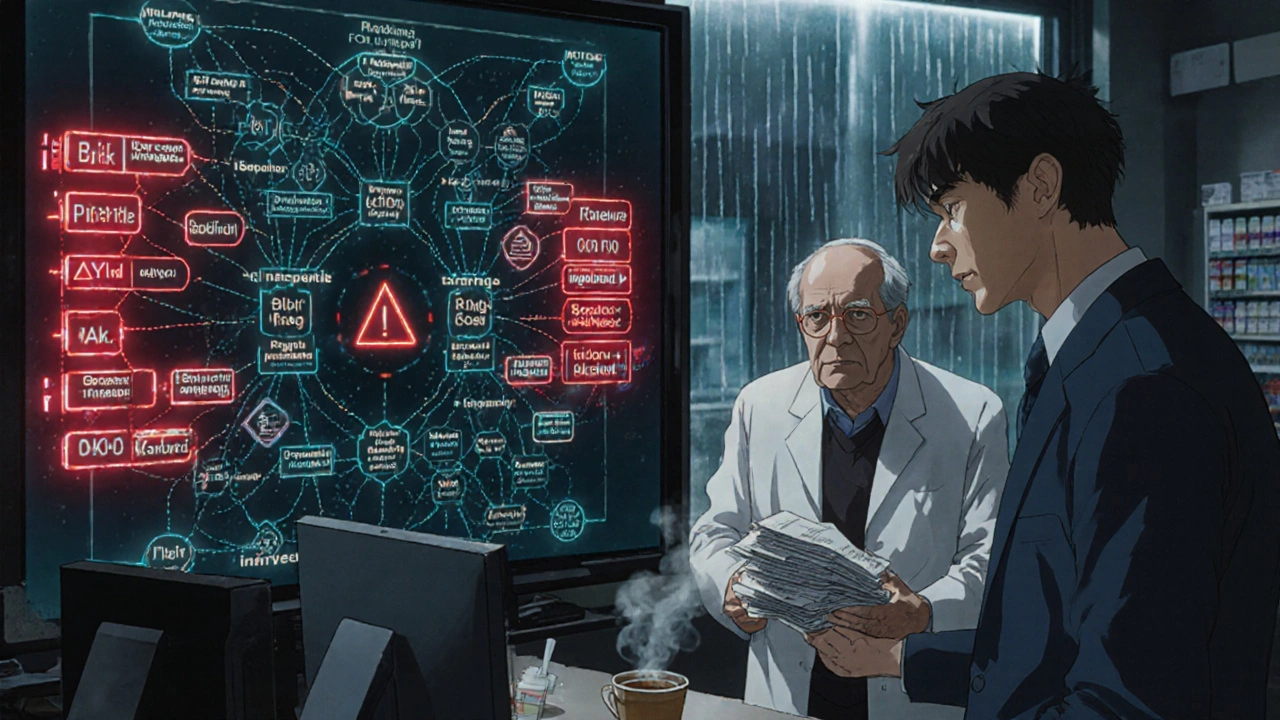 Pharmacist reviewing drug interactions on a digital screen while a patient hands over prescriptions.