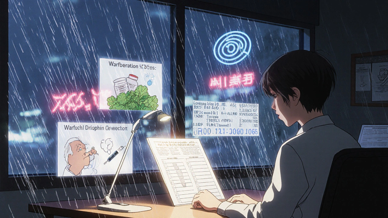 Pharmacist reviewing medication list with drug interaction alerts floating nearby.