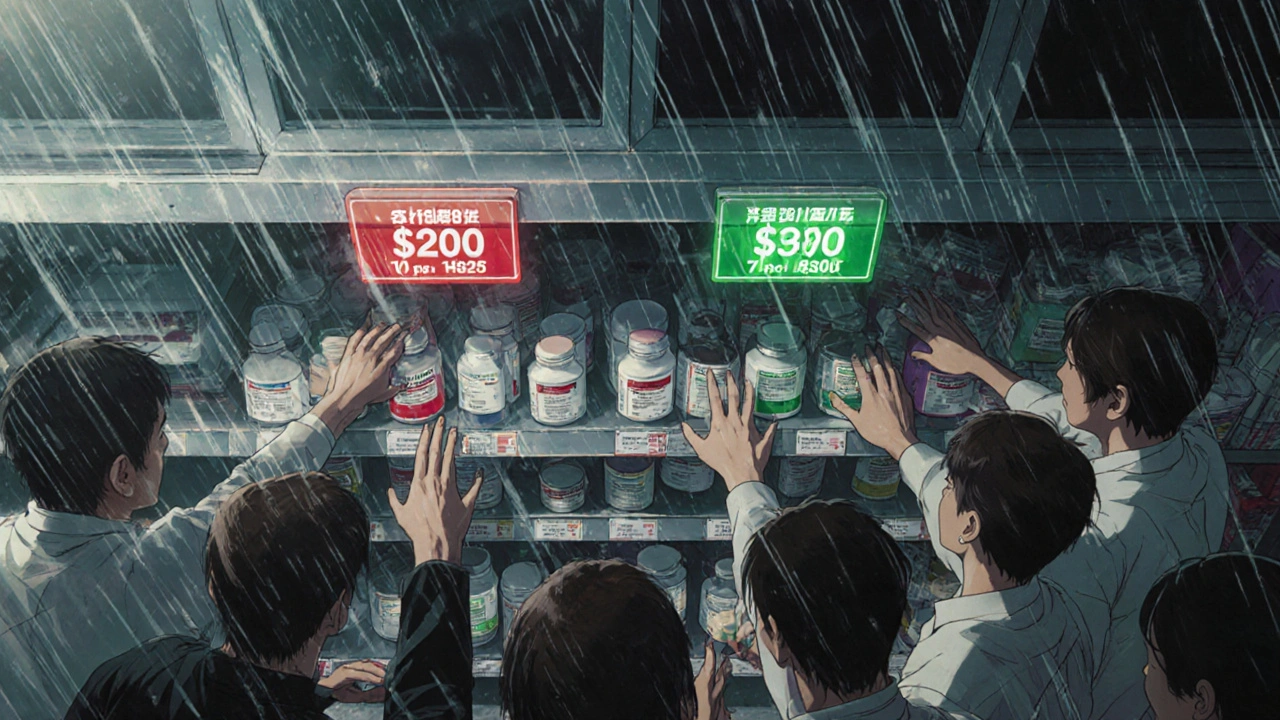 Pharmacy shelf with two competing generic drugs, price tags glowing, customers reaching for the cheaper option.
