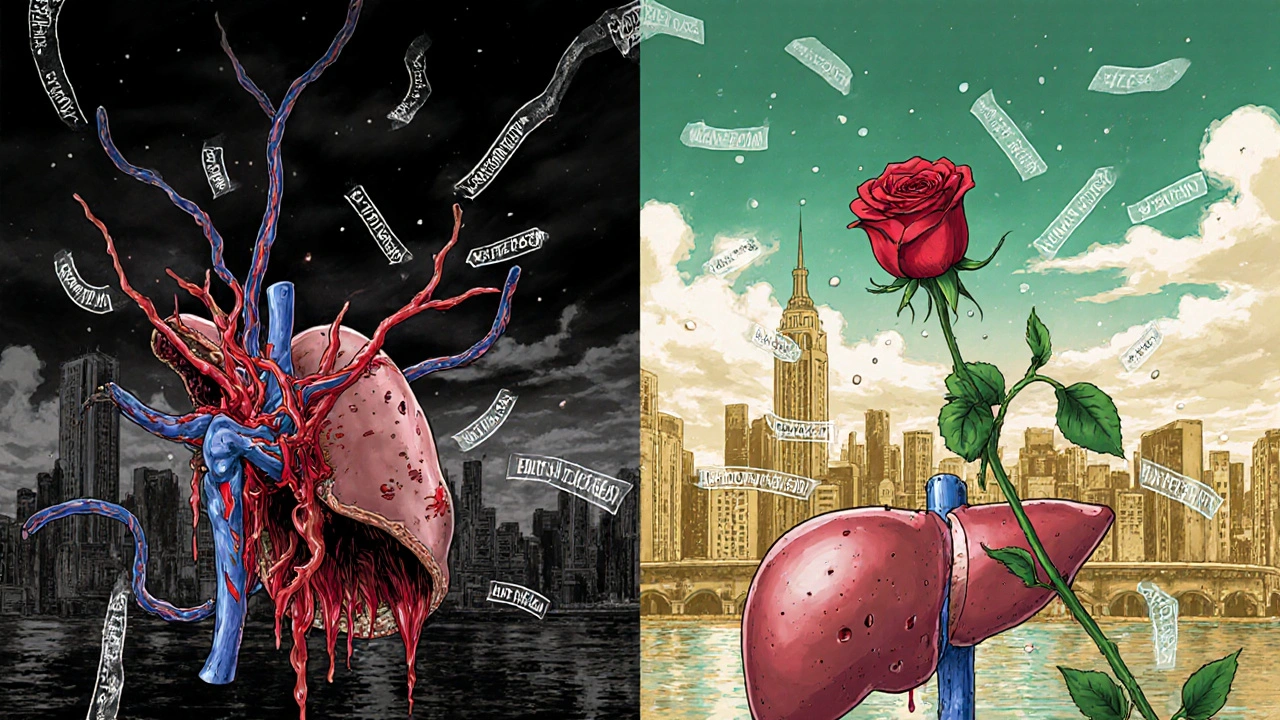 Split image: damaged liver transforms into healed one with statins dissolving scars, a rose blooming from the organ.