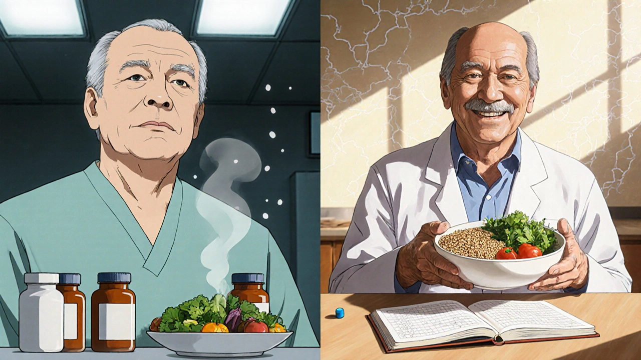 Split scene: man with five pills vs. same man eating healthy in kitchen