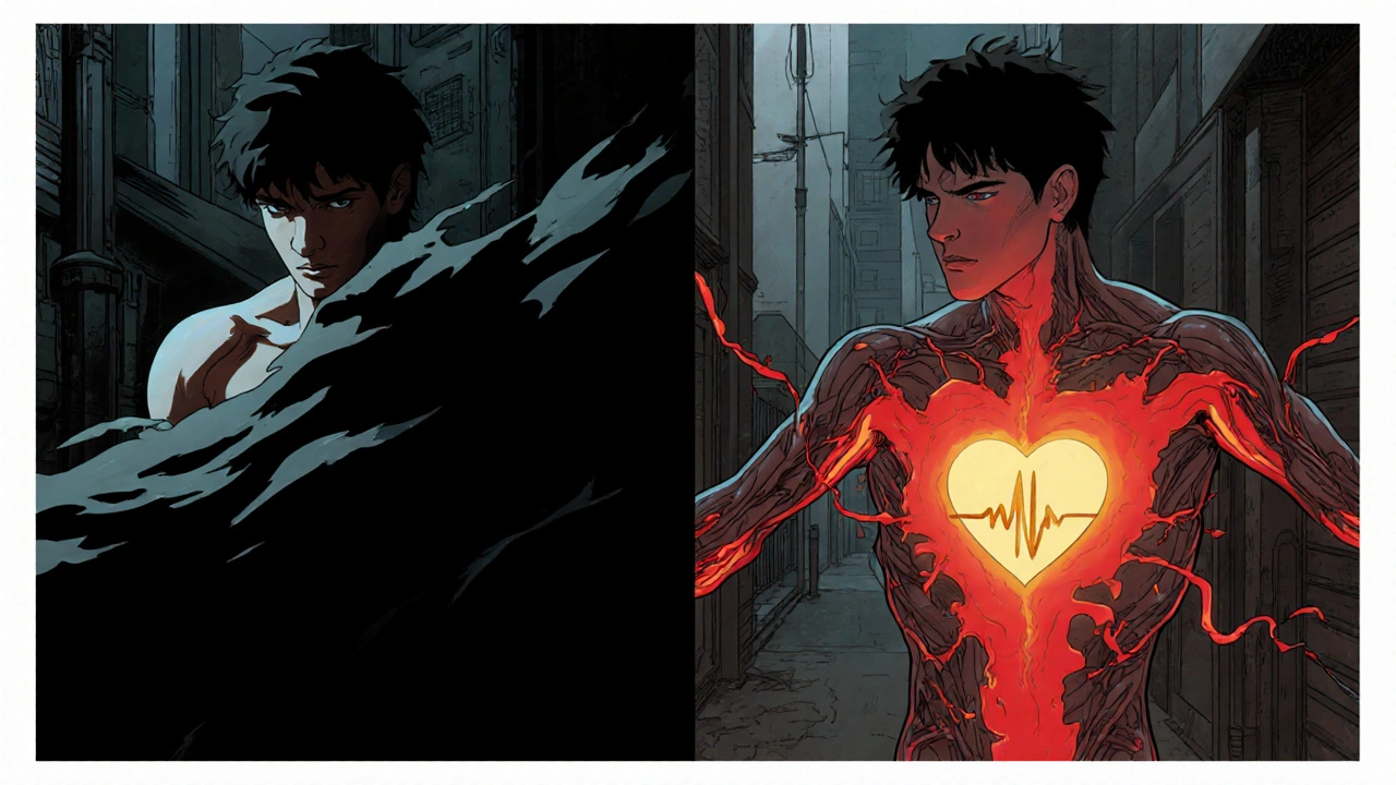 Split scene showing antidepressant effects: one side with fading desire, the other with restored energy in Otomo&#039;s detailed style.