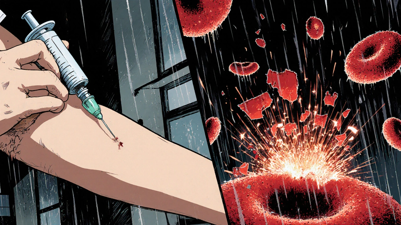Split scene: syringe injecting medication beside red blood cells exploding with glowing Heinz bodies and broken enzyme chains.