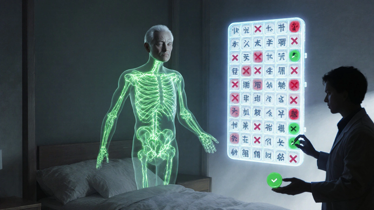 Transparent elderly man with glowing medication pathways in his body, floating beside a hovering pill organizer.