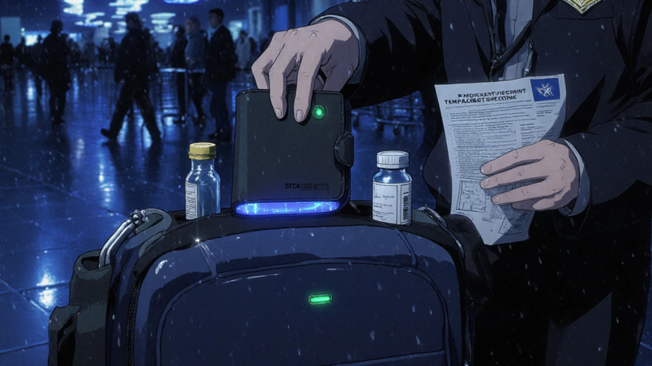 Traveler at airport security handing printed medication guidelines to TSA officer with Frio wallet visible.