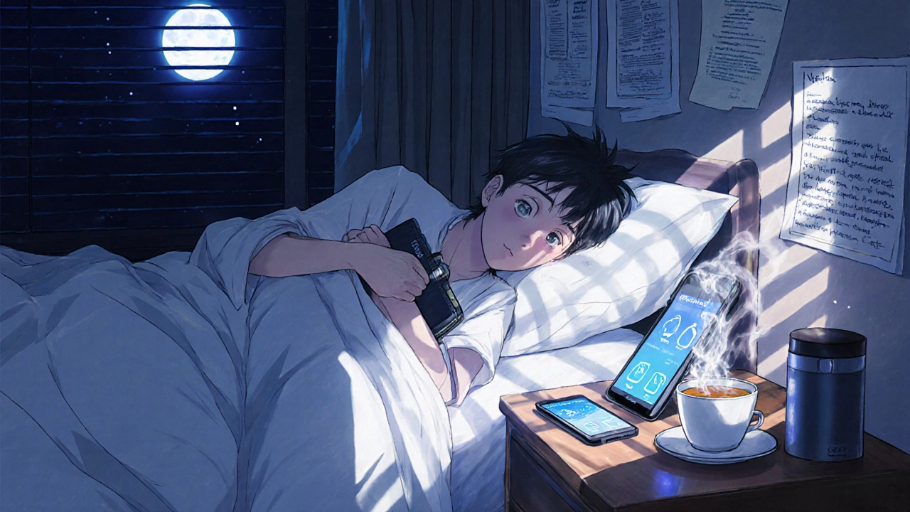 Traveler sleeping with insulin wallet under pillow, phone alarms glowing in dark hotel room.