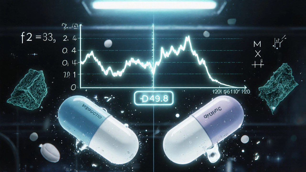 Two pills dissolving side-by-side with contrasting dissolution curves and an f2 score displayed as a warning.