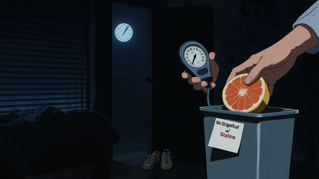 Woman discarding grapefruit with blood pressure monitor and bedtime cues