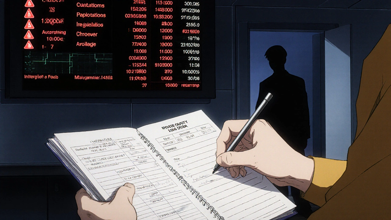 Worker signing a training log as digital warnings flash behind them in a quality control room.