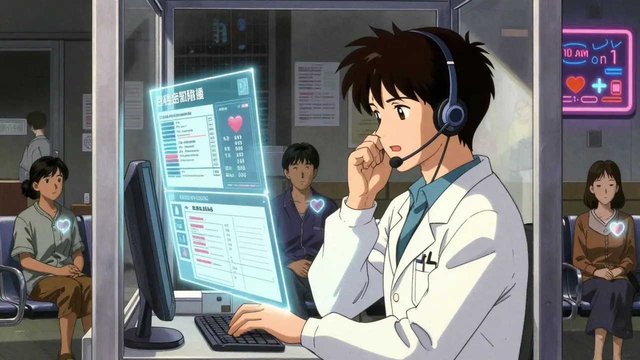 A case manager on the phone with holographic patient data floating around them in a modest office.