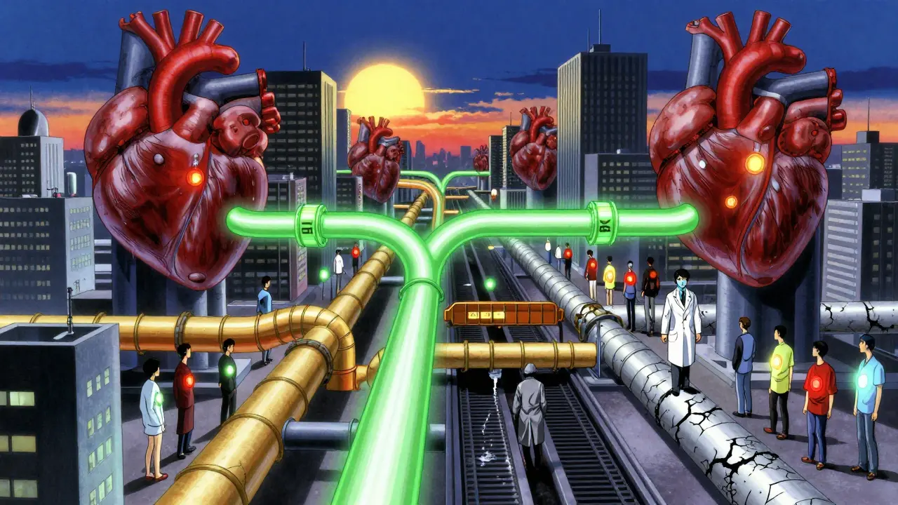A cityscape of heart-shaped buildings connected by glowing drug pathways under a rising sun.
