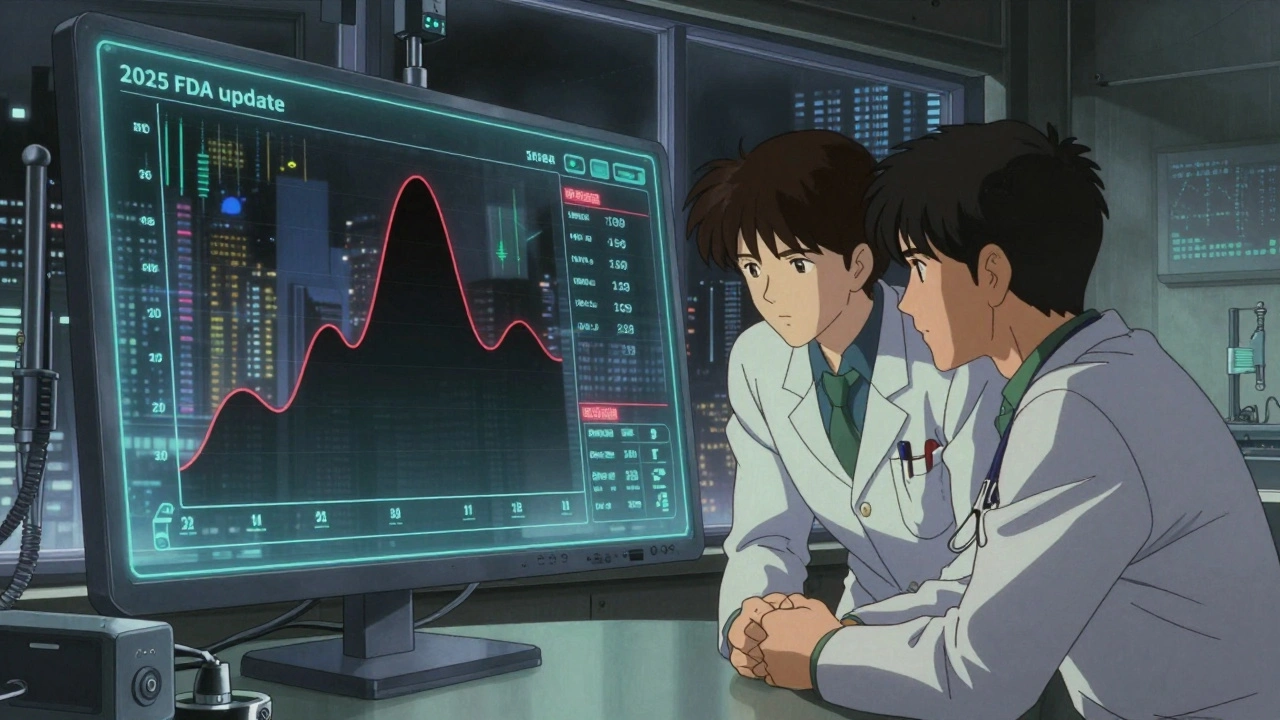 A clinic screen showing a bar chart comparing drug risk to disease risk, with doctor and patient observing.