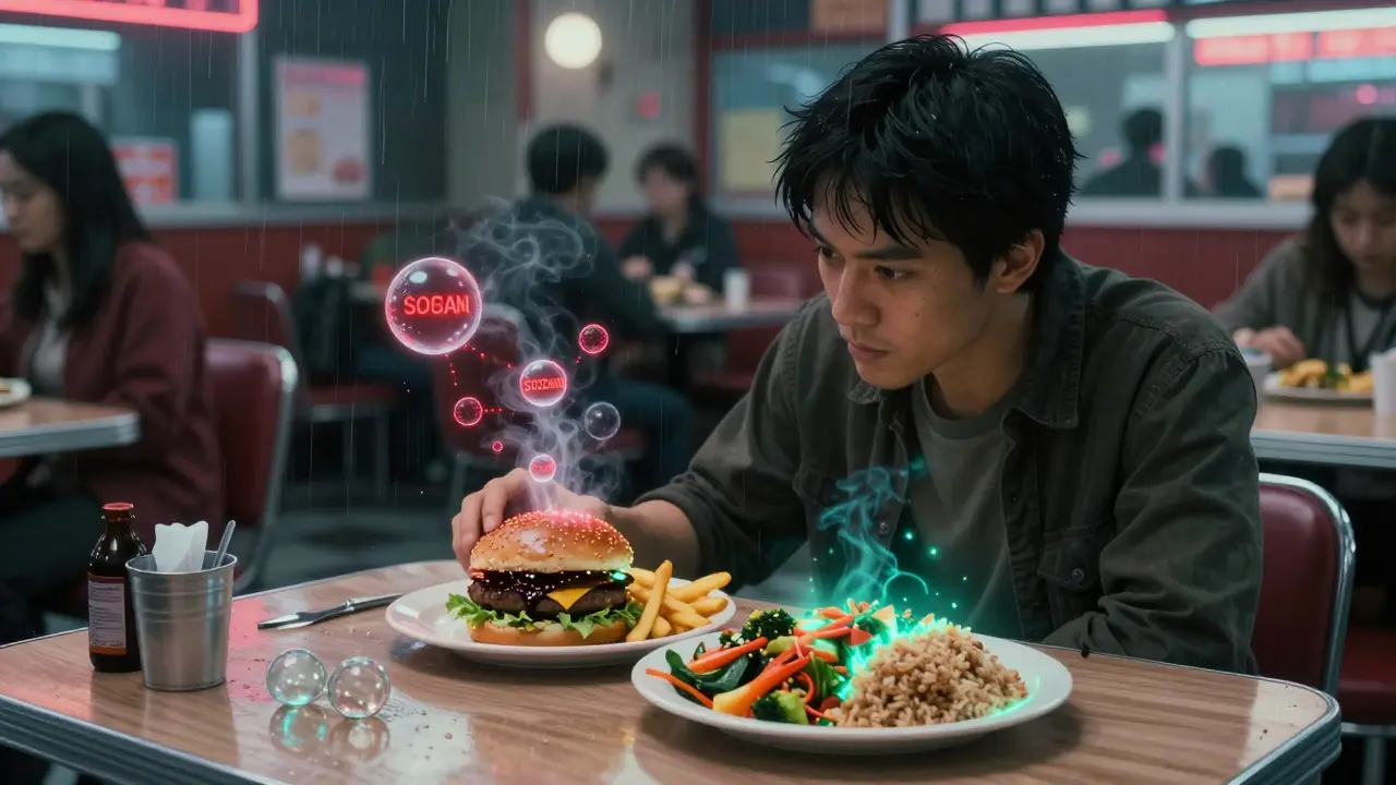 A diner meal with glowing sodium molecules vs. a healthy homemade stir-fry.