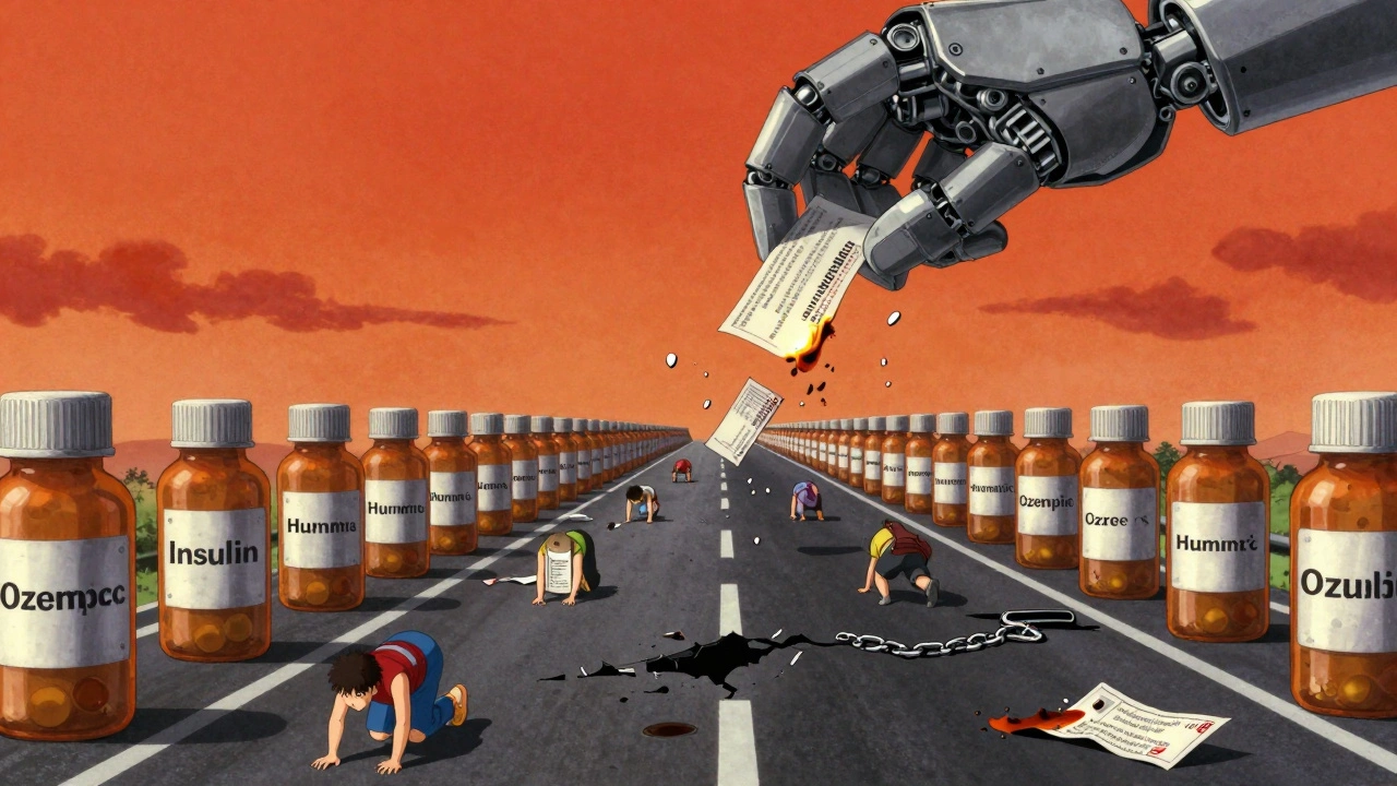 A dystopian highway of pill bottles under a blood-orange sky, with coupons burning as they fall.