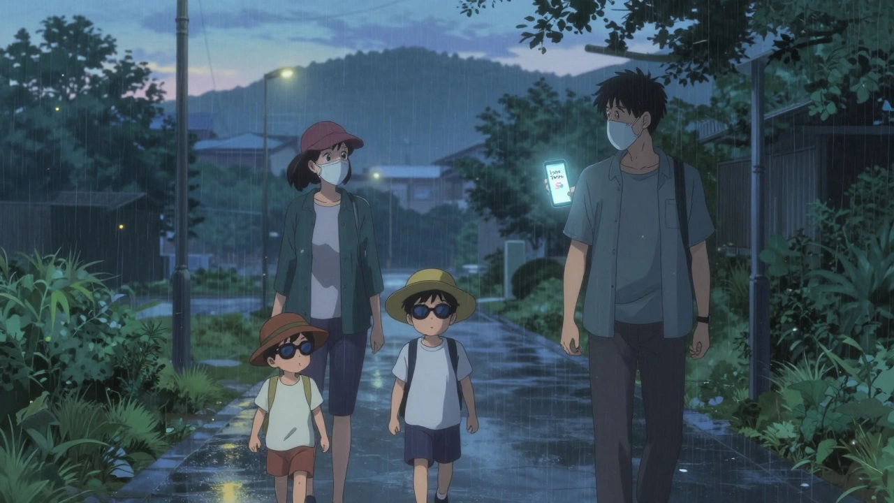A family walks peacefully in a post-rain park as a smartphone shows low pollen levels.