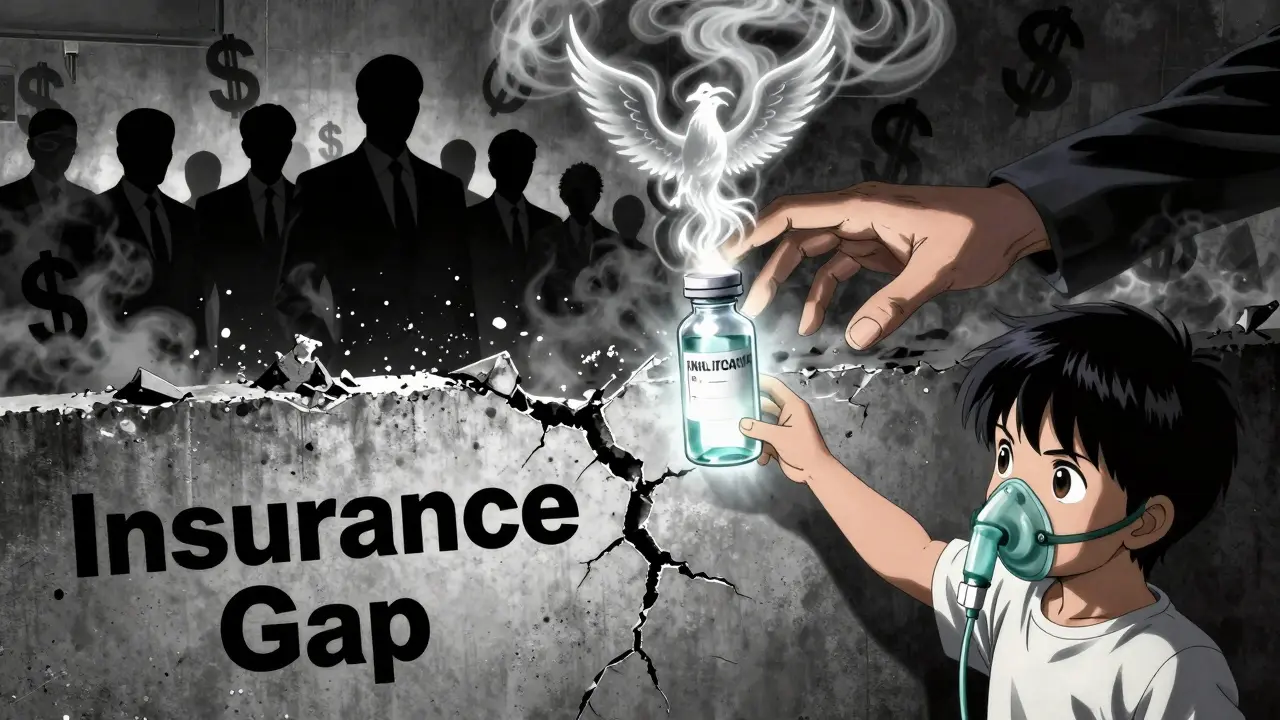 A hand pulling a glowing medicine vial through a cracked wall labeled 'Insurance Gap,' with crumbling corporate symbols behind.