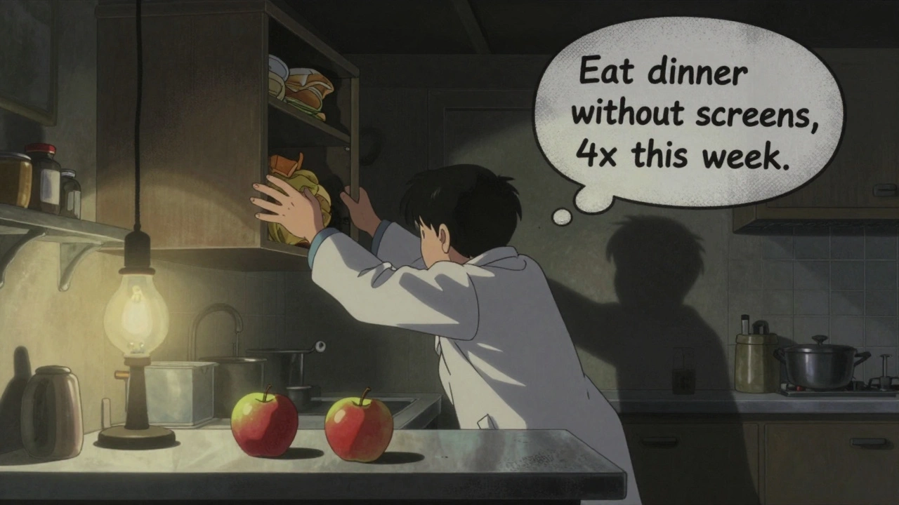 A kitchen where unhealthy snacks are being moved away, replaced by glowing apples under a single bulb.