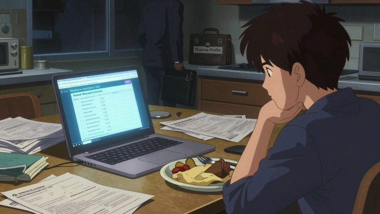 A man at a messy kitchen table applying for drug assistance, with a corporate shadow in the background.