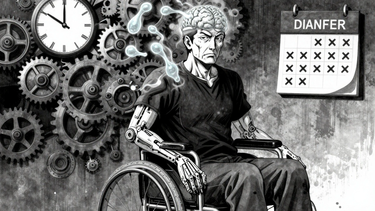 A man in a wheelchair with stiff limbs, dopamine molecules fading from his brain.