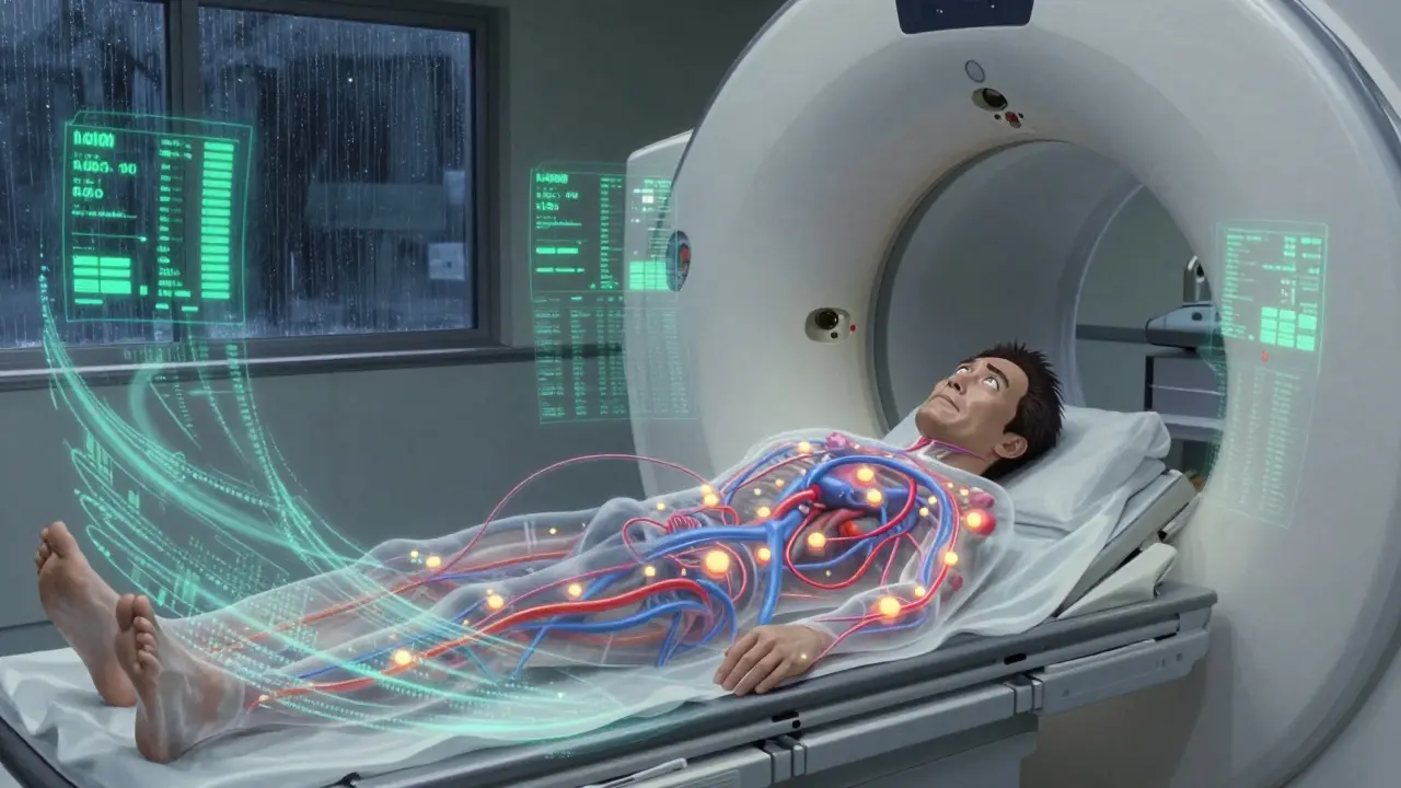 A man inside a CT scanner, his transparent body revealing calcified heart arteries with digital data floating around.