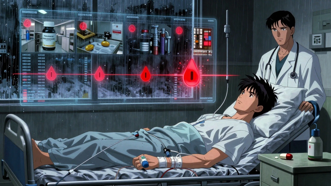 A patient in an ER is surrounded by floating medication warnings and digital health fragments.