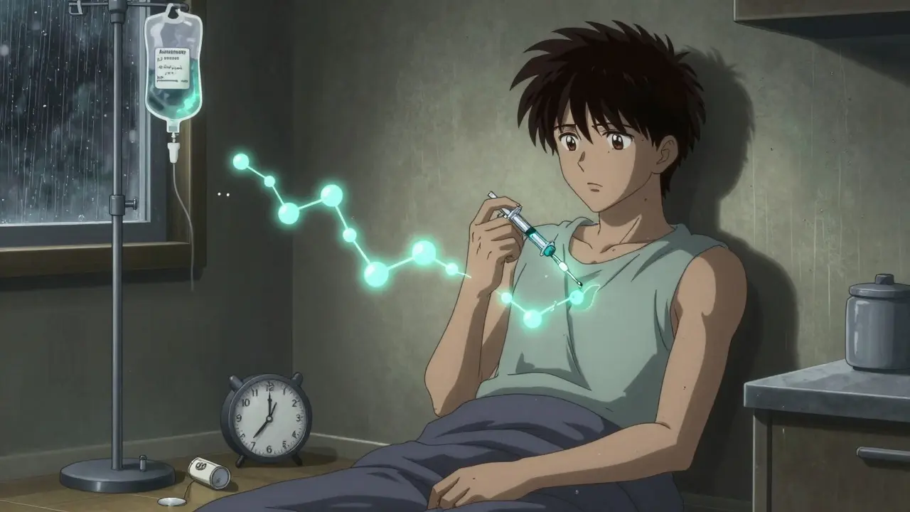 A patient injecting medication at home, with molecular chains and rain-streaked window in dim light.