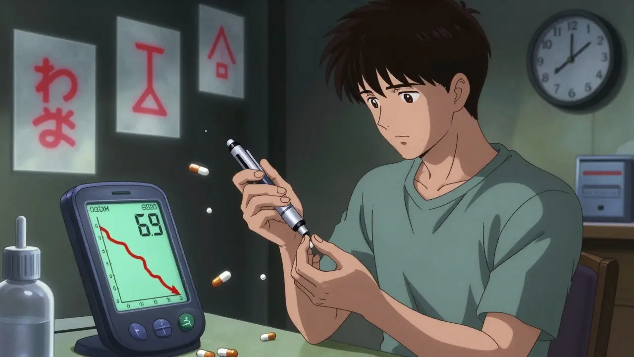 A patient reduces insulin during steroid tapering as glucose levels drop, with fading warning glyphs in the background.