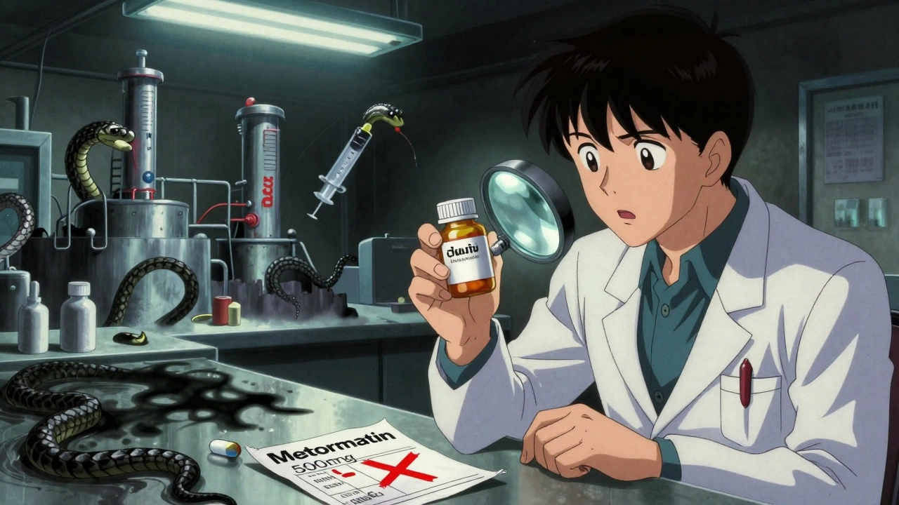 A pharmacist examines a foreign pill bottle with a ghostly counterfeit factory behind them.