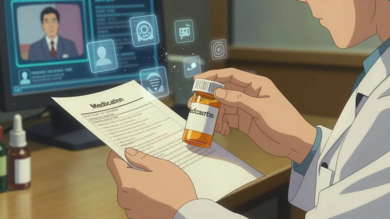 A pharmacist holding a prescription with fading media distortions around them in a warm-lit room.