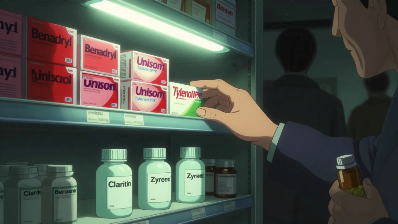 A pharmacy shelf with dangerous OTC pills glowing red, safer alternatives lit in green.