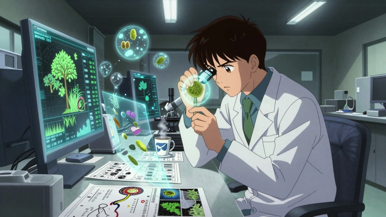 A scientist examines holographic pollen data in a cluttered urban lab under dim lights.
