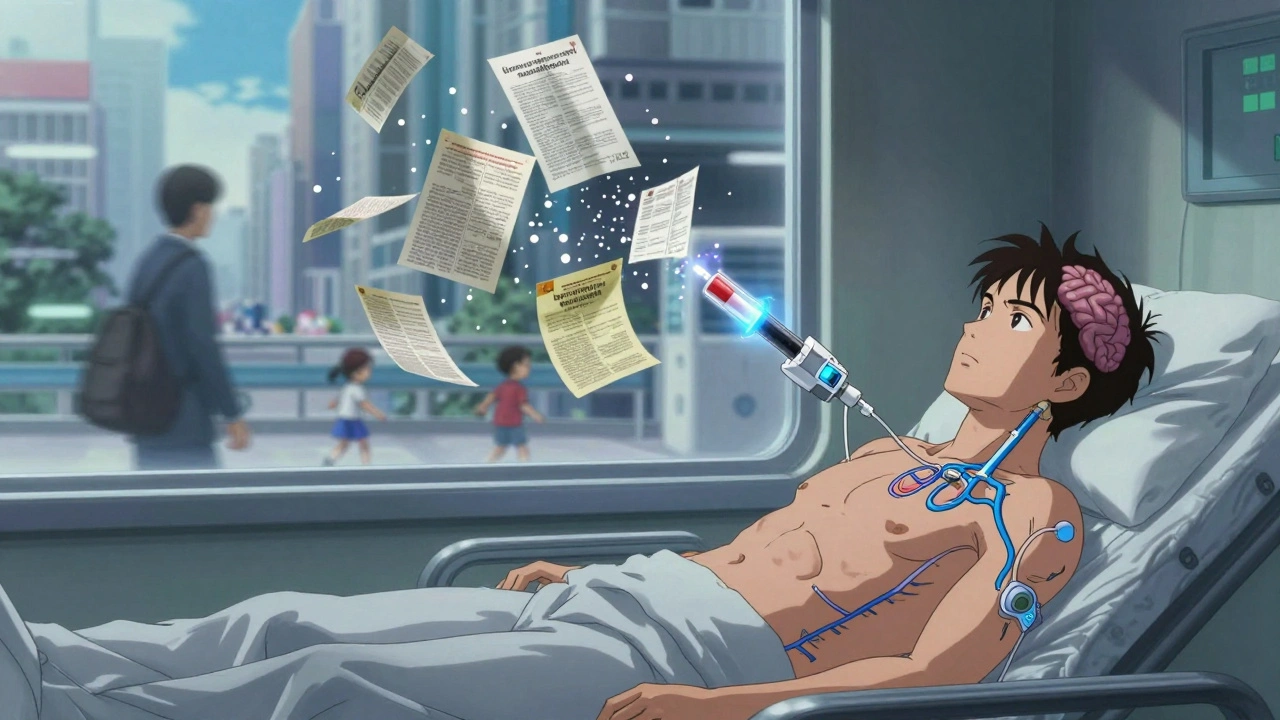 A subcutaneous dopamine pump glowing under skin, city blurred outside hospital window.