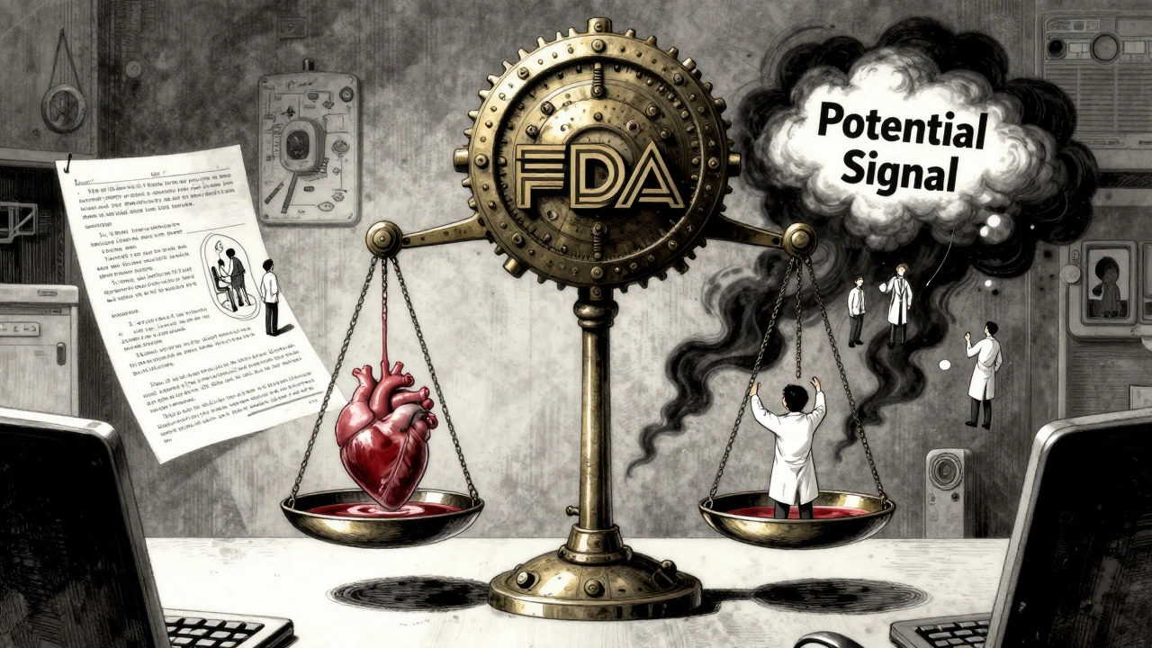 A surreal scale weighing drug risk against potential signal, with doctors and patients debating in the air.
