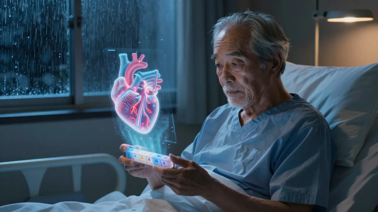 An elderly patient holding a pill organizer with holographic heart patterns glowing around them at night.