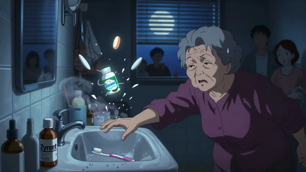 An older woman falling in a bathroom, a glowing pill above her as medicine bottles spill.